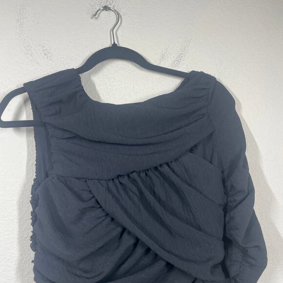 Zara Size XS Draped Ruched Sheath One Shoulder Dress Mini Black Long Sleeves - Picture 6 of 12